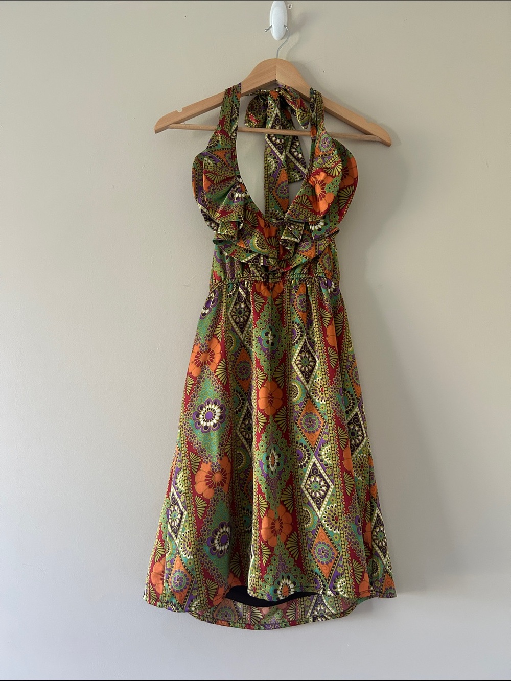 Judith March Colorful Geometric Halter Dress Medium Low Back Tie Back Boho